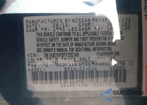 2015 Nissan Sentra Sl из США, поврежденный, VIN 3N1AB7AP8FY330148